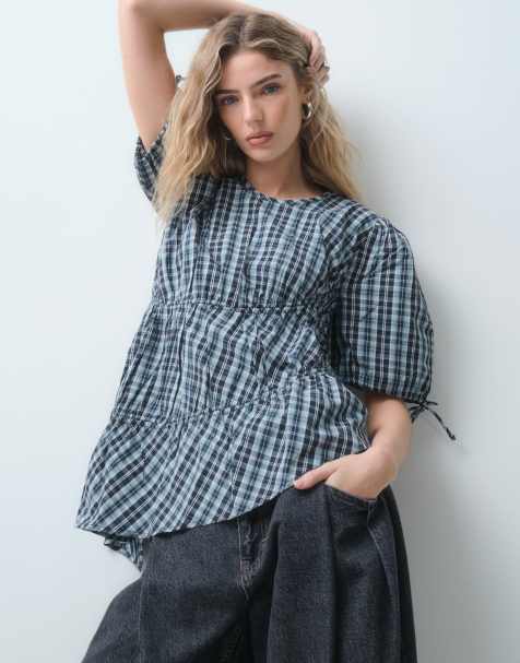 COLLUSION channel detail blouse in blue check