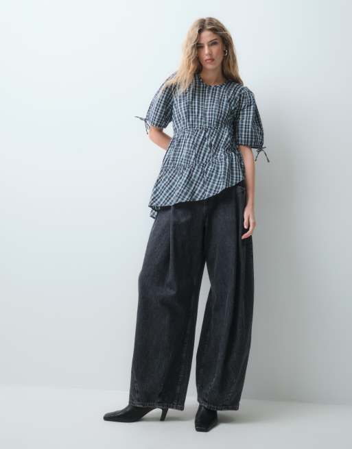COLLUSION channel detail blouse in blue check, 2 of 5