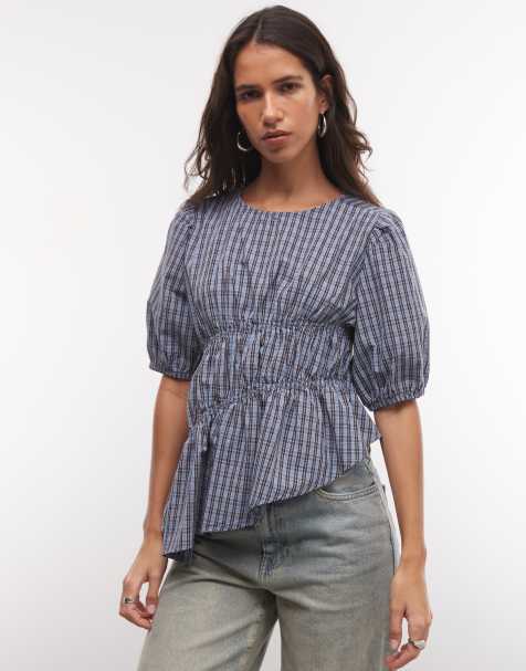 COLLUSION channel detail blouse in blue check - view 1