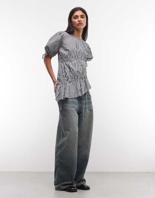 COLLUSION channel detail blouse in navy check, 2 of 4