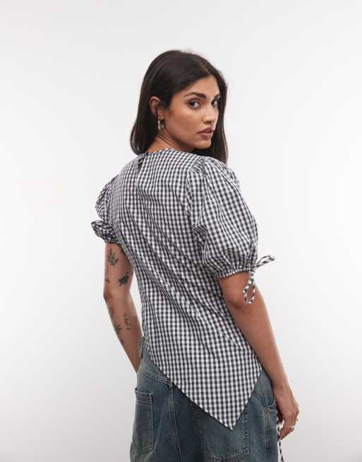 COLLUSION channel detail blouse in navy check, 4 of 4