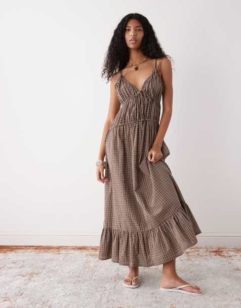 COLLUSION channel detail cami maxi dress in brown check - view 1