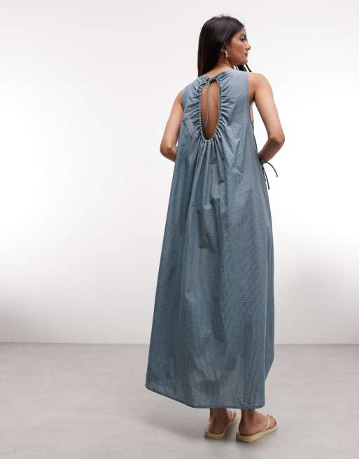 COLLUSION channel detail high neck midi dress in blue check, 3 of 4