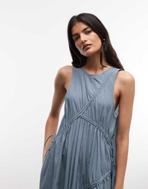COLLUSION channel detail high neck midi dress in blue check, 4 of 4