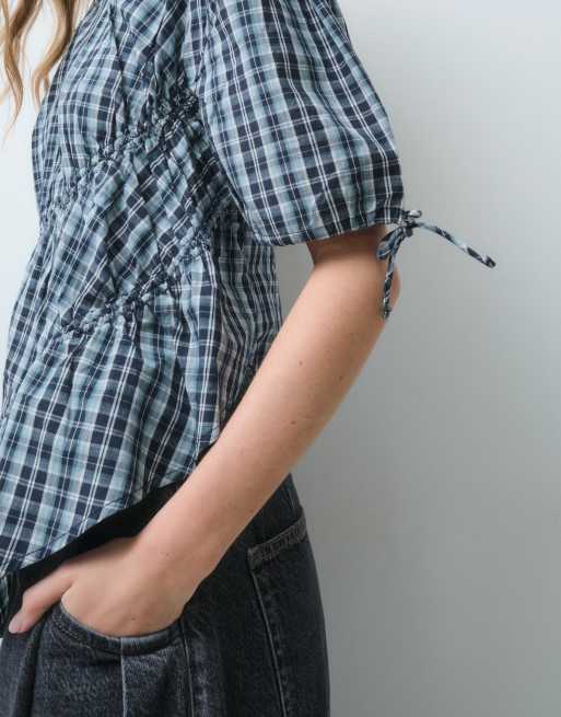 COLLUSION channel detailing blouse in blue plaid, 3 of 5