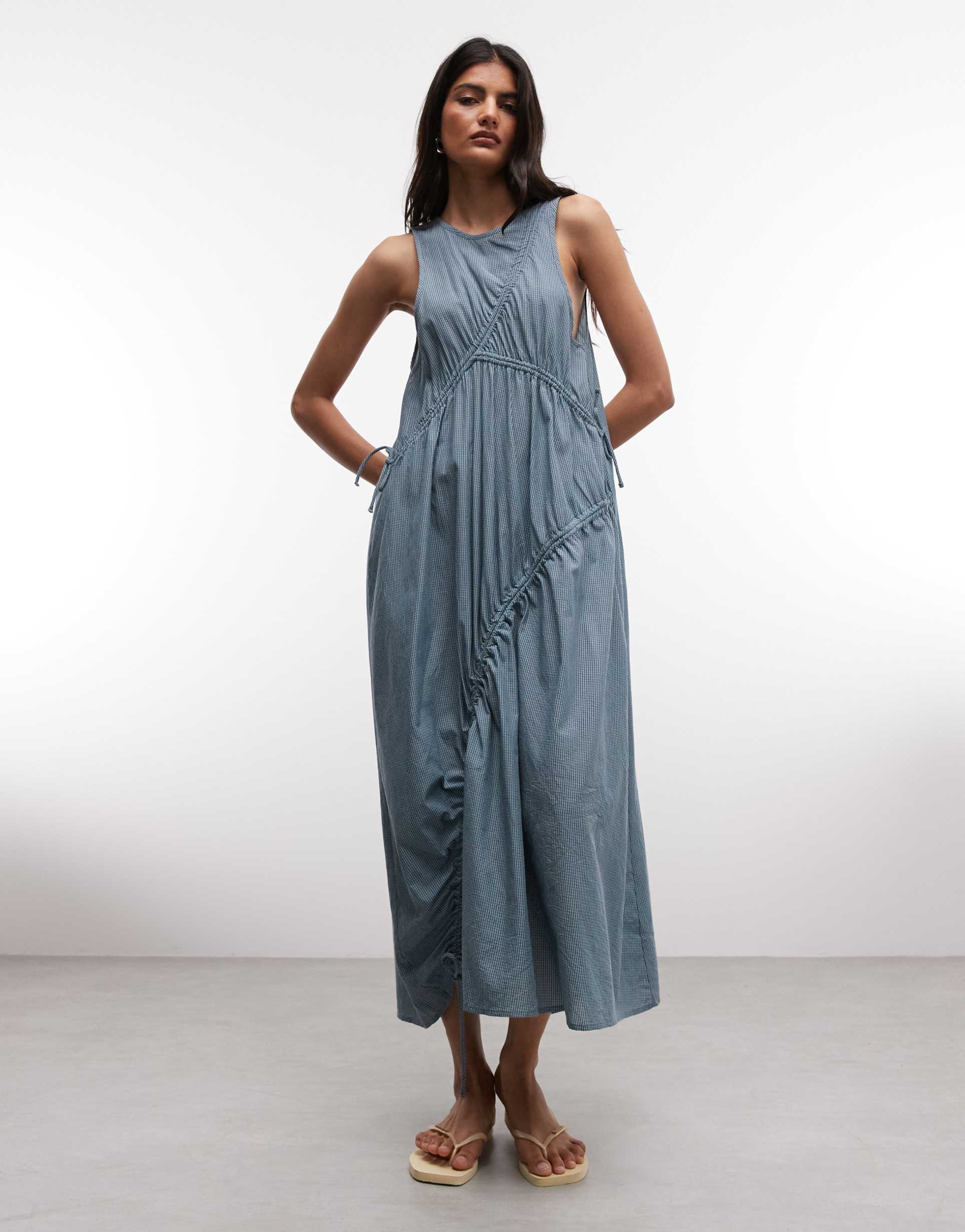 collusion channel detailing high neck midi dress in blue plaid