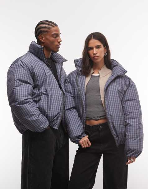 COLLUSION Chaqueta acolchada unisex con cuello alzado a cuadros azules - view 1