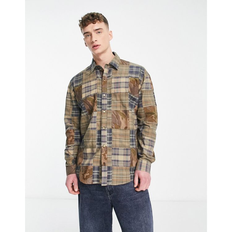 COLLUSION check & camo oversized patchwork shirt co-ord in khaki