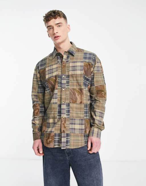 COLLUSION check & camo oversized patchwork shirt co-ord in khaki | ASOS