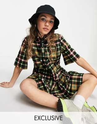 knee length dresses for ladies Rihoas Plaid Lapel Pleated Mini Dress For Women, Brown / M main image 1