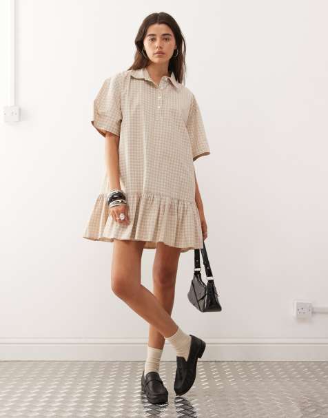 COLLUSION check pleated skirt shirt dress in neutral check - view 1