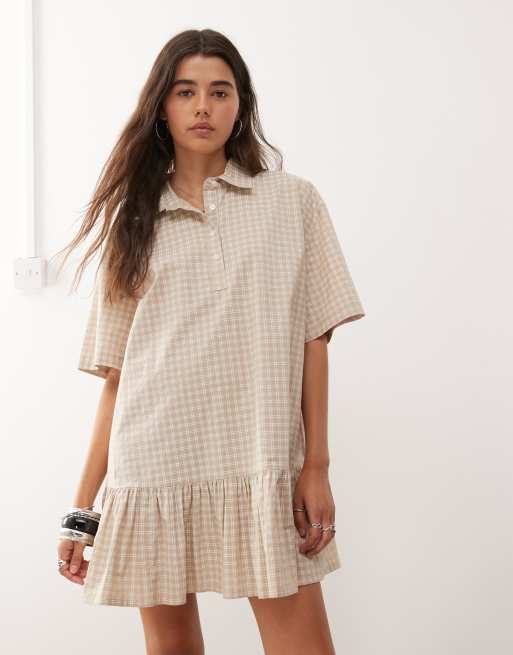 COLLUSION check pleated skirt shirt dress in neutral check