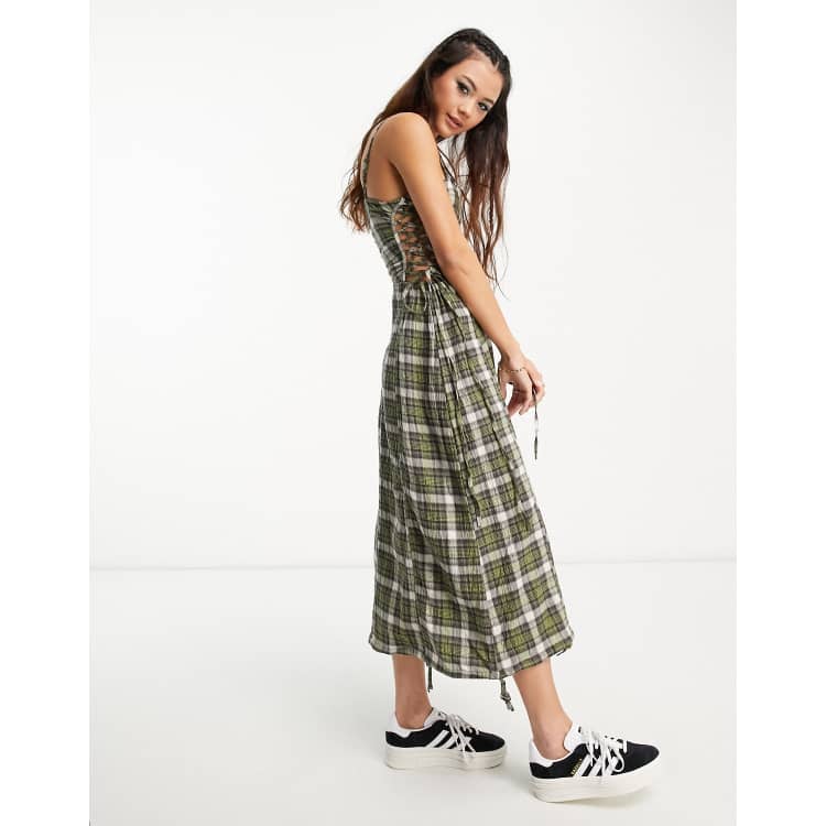 knee length dresses for ladies Rent Topshop Ruched Front Midi Dress In Red And Black Gingham main image 0