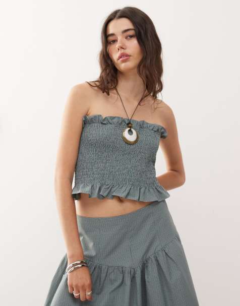 COLLUSION check shirred festival bandeau co-ord in green check - view 1