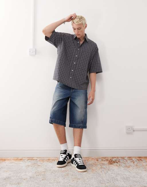 COLLUSION check shirt with short sleeve in blue gray