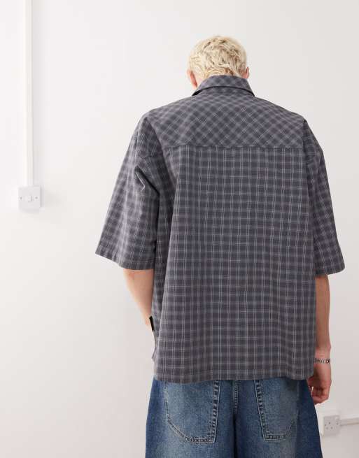 COLLUSION check shirt with short sleeve in blue gray