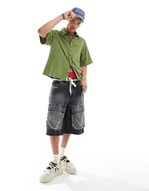 COLLUSION check short sleeve shirt in green plaid with orange embroidery - view 1