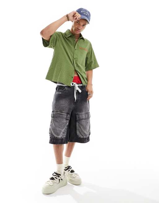 COLLUSION check short sleeve shirt in green with orange embroidery