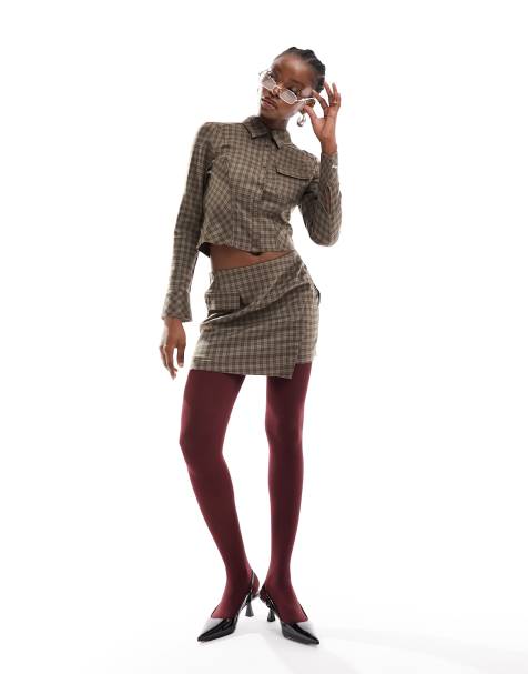 COLLUSION checked wrap mini skirt co-ord in brown check - view 1
