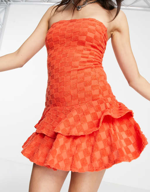 COLLUSION checker towelling rara mini dress in red, 4 of 4
