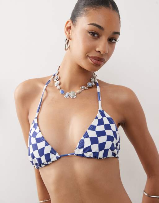 COLLUSION checkerboard bikini top in blue, 4 of 4