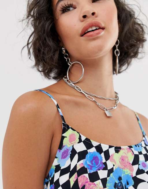 COLLUSION checkerboard floral print cami mini dress, 3 of 4