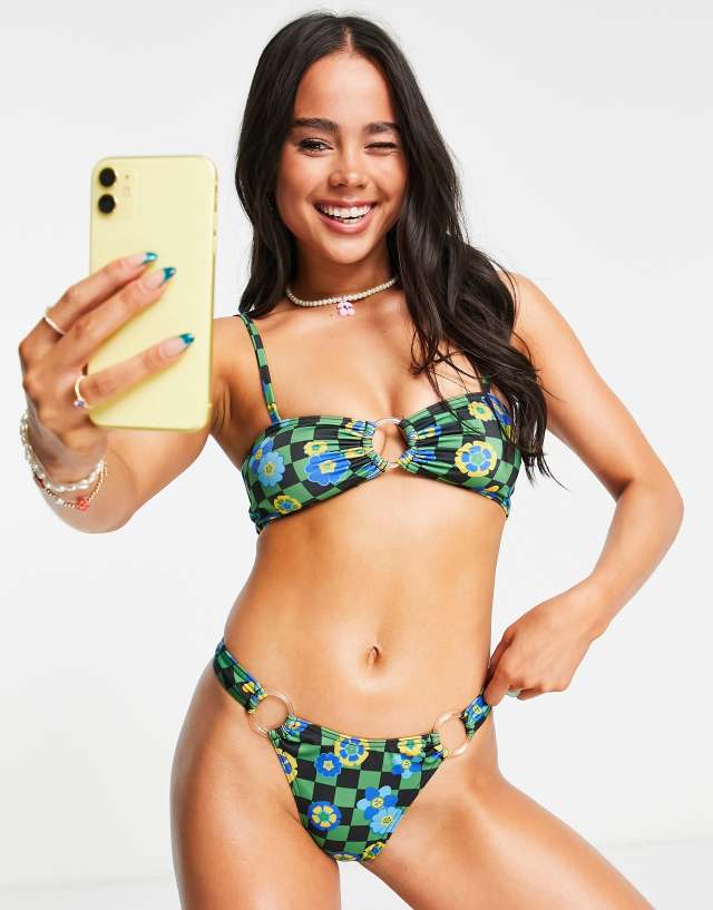 COLLUSION checkerboard floral ring trim bikini bottom in blue - part of a set - MBLUE