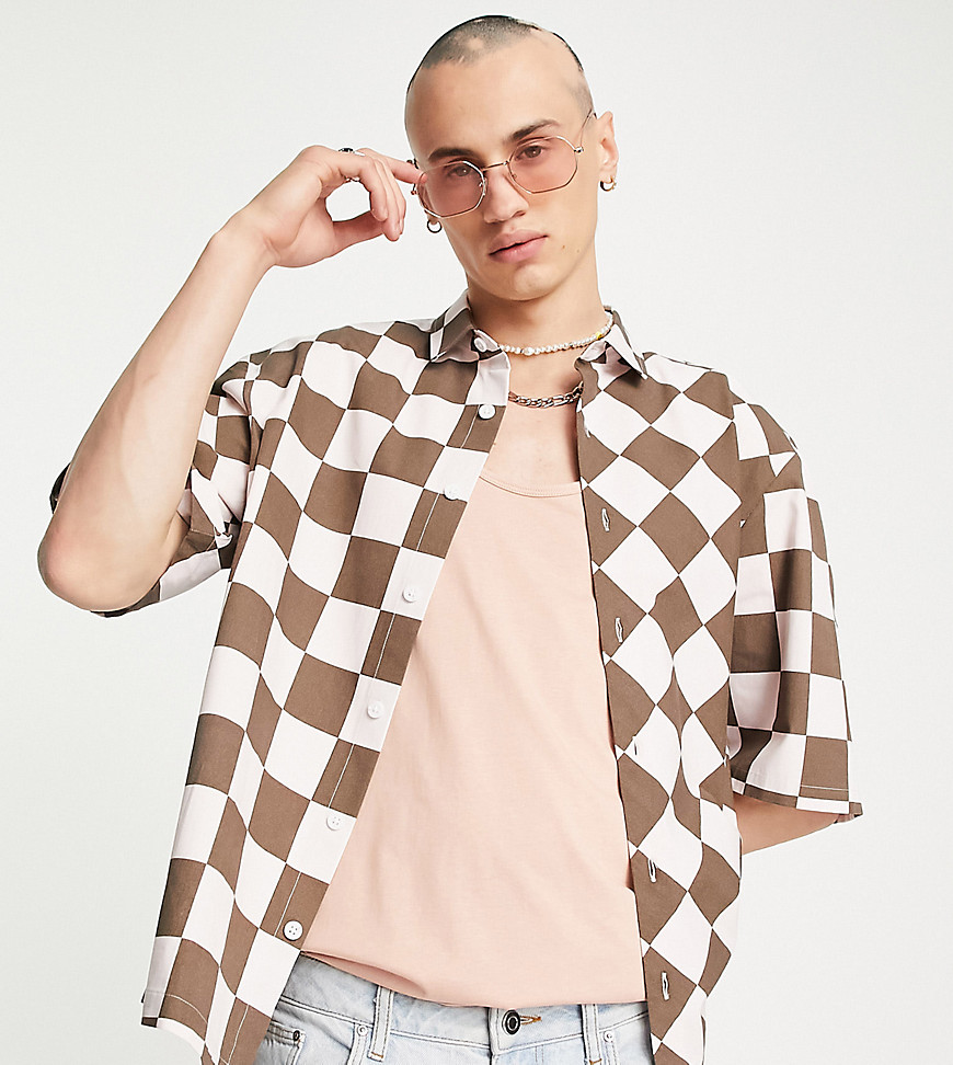 COLLUSION checkerboard revere shirt in pink and brown-Multi