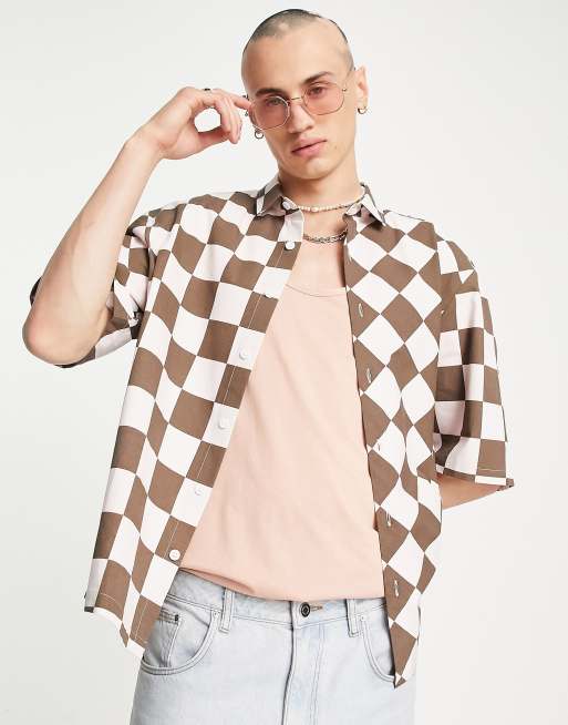 COLLUSION checkerboard revere shirt in pink and brown 