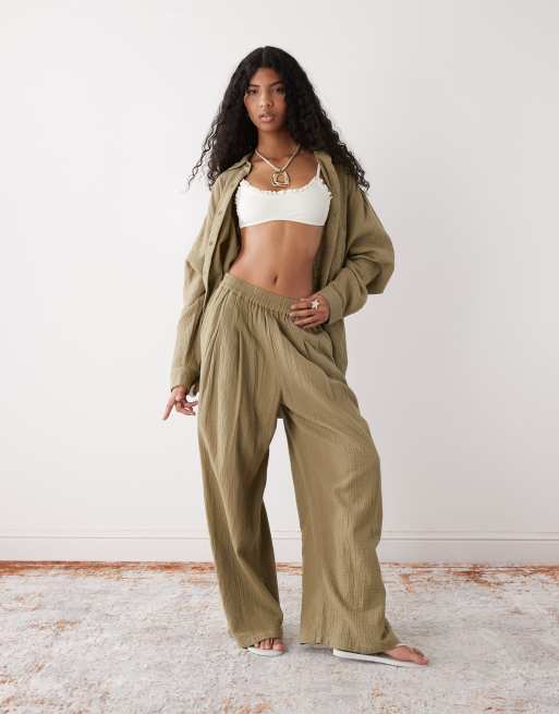 COLLUSION cheesecloth oversized long sleeve beach shirt in khaki, 4 of 4