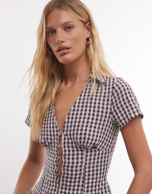 COLLUSION chemise ajustée à manches courtes à carreaux vichy rose, 3 de 4