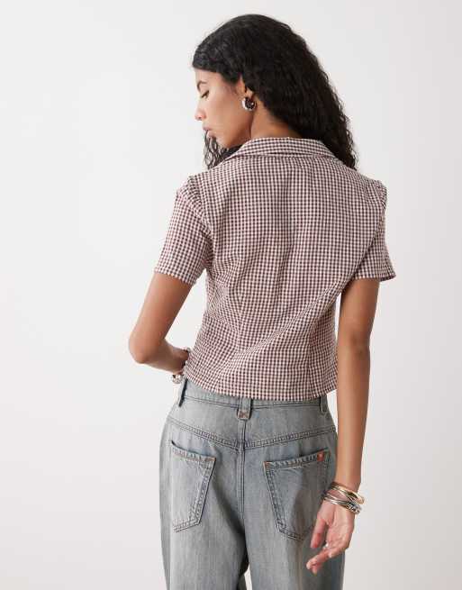 COLLUSION - Chemise ajustée à manches courtes et carreaux vichy - Marron, 4 de 4
