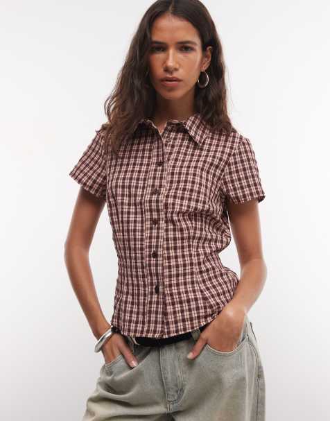 COLLUSION chemise ajustée à poche à carreaux rose et bordeaux - view 1