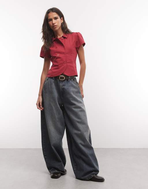 COLLUSION chemise ajustée en twill épais à petites manches, rouge, 2 de 4