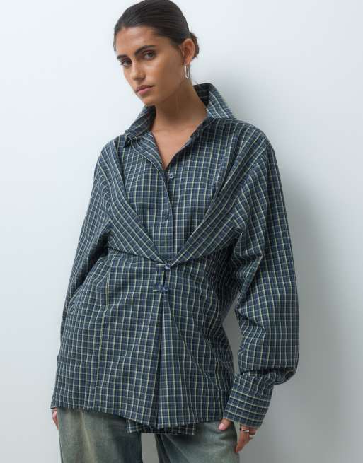 COLLUSION chemise cintrée à carreaux bleu marine et verts, 3 de 4