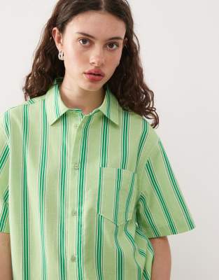 Chemise coupe carrée effet lin à rayures - Vert-Multicolore 36