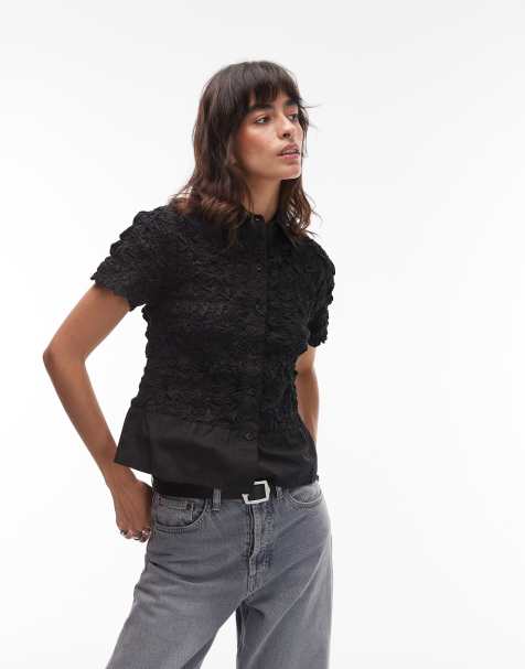 COLLUSION - Chemise en popeline ajustée à fronces et manches courtes - Noir - view 1