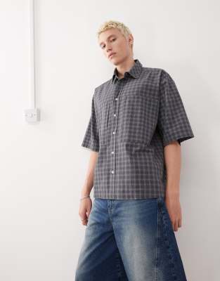 COLLUSION - Chemise manches courtes à carreaux - Gris bleu