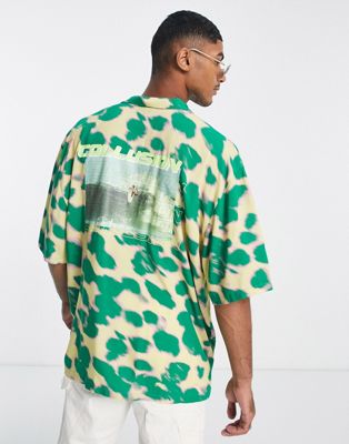 COLLUSION festival surfing short sleeve shirt in green retro print - ASOS Price Checker