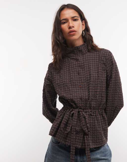 COLLUSION chemise oversize à col cheminée et taille cintrée marron, 3 de 4