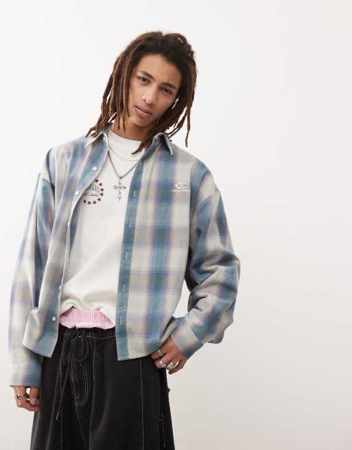 COLLUSION - Chemise oversize brossée coupe carrée à carreaux avec manches longues - Bleu