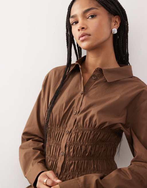 COLLUSION - Chemise oversize froncée à la taille à manches longues - Chocolat, 2 de 4