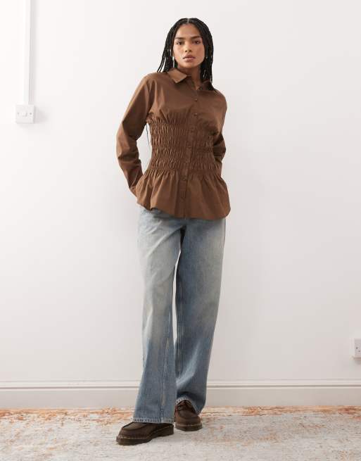 COLLUSION - Chemise oversize froncée à la taille à manches longues - Chocolat, 3 de 4