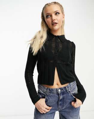 COLLUSION knitted shrunken laddered shirt in black  - ASOS Price Checker