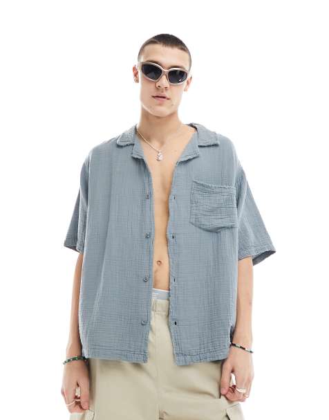 COLLUSION - Chemise texturée oversize à manches courtes et coutures brutes avec col à revers - Bleu ardoise - view 1