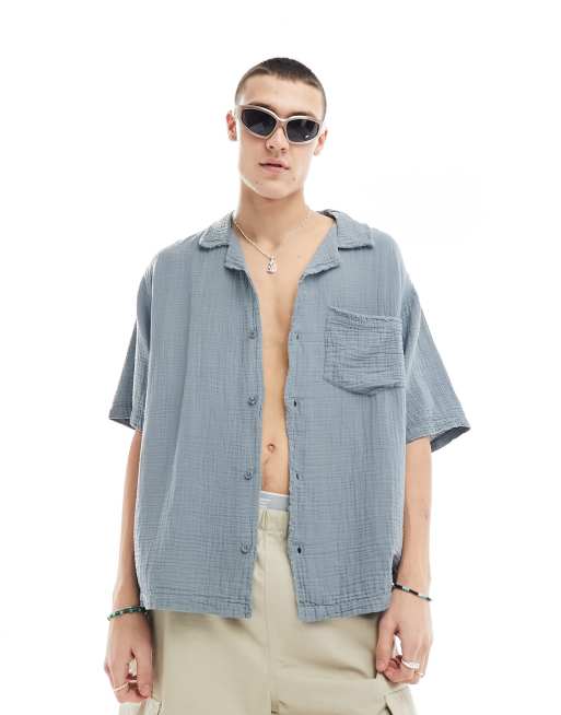 COLLUSION - Chemise texturée oversize à manches courtes et coutures brutes avec col à revers - Bleu ardoise