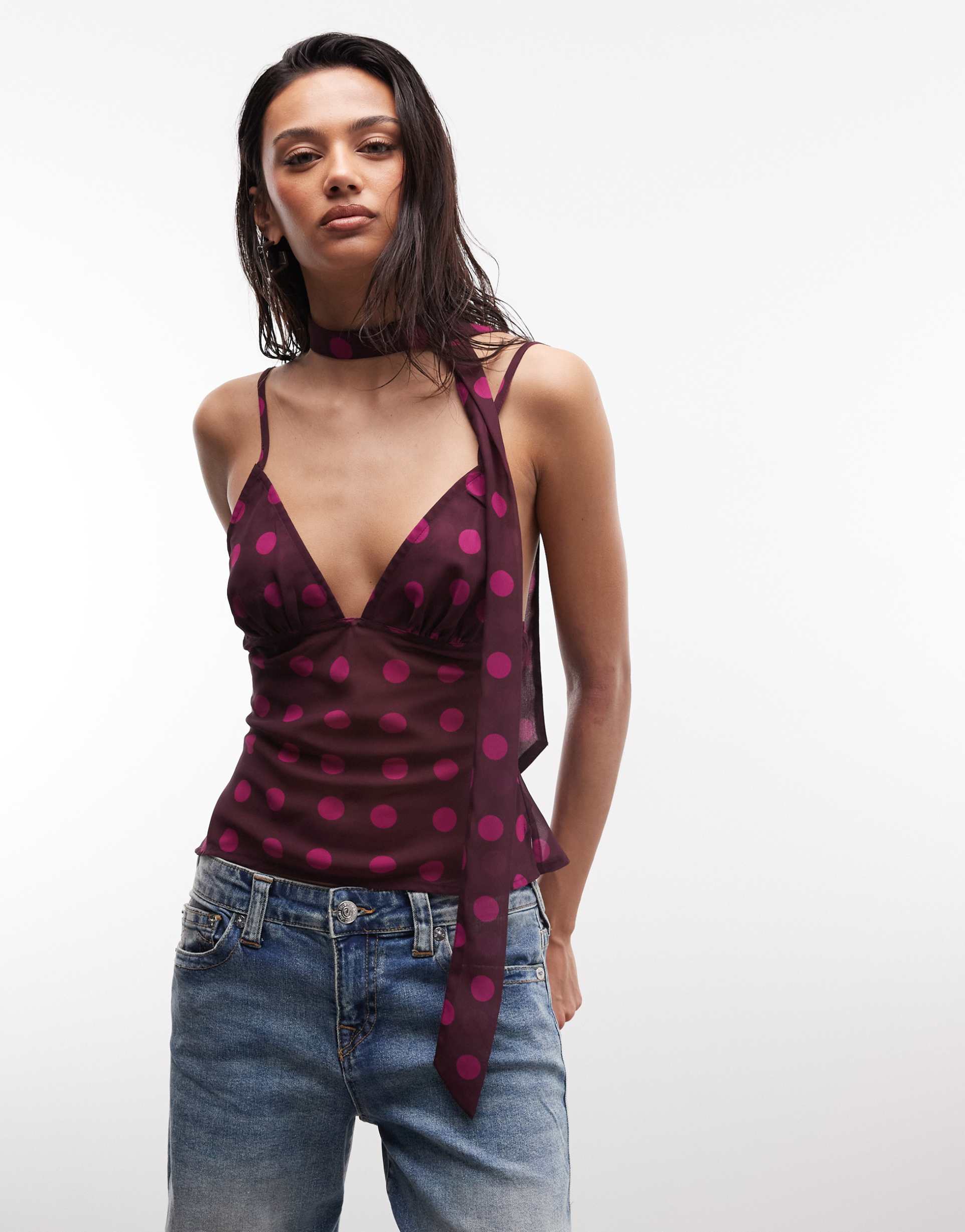 collusion chiffon polka dot cami top with scarf in pink