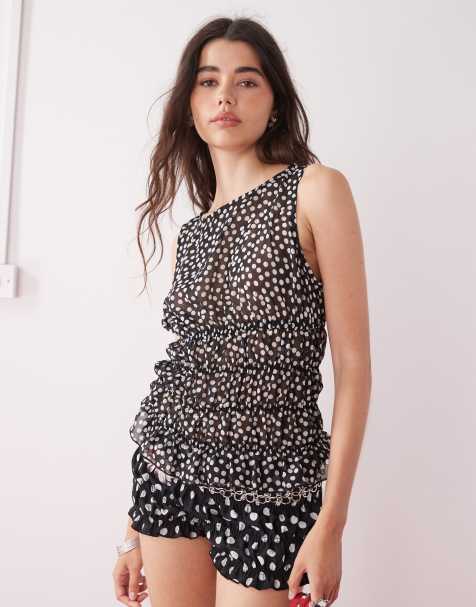 COLLUSION chiffon polka dot shirred tank top in black - view 1