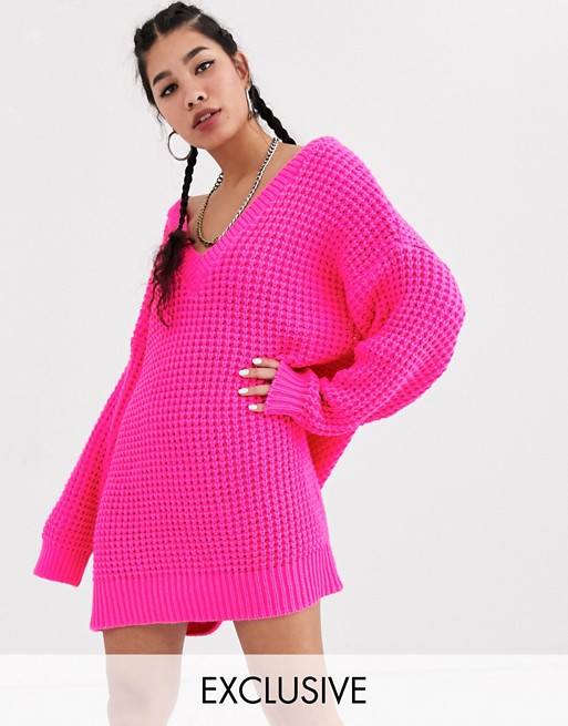 COLLUSION chunky cable knit v neck jumper dress in pink