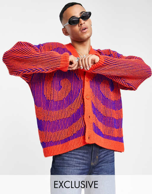 COLLUSION chunky open knit sweater with swirl jacquard in purple and orange